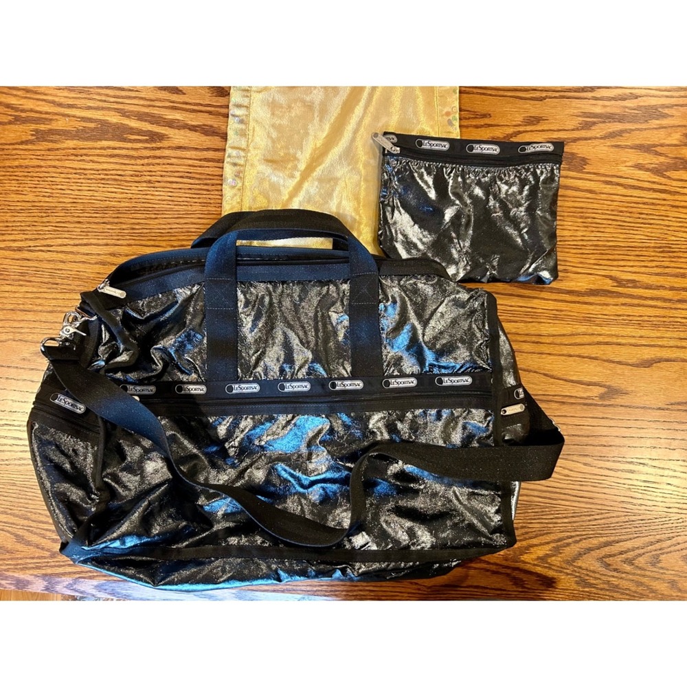 LeSportsac Metallic Black Weekender Duffel Bag with Matching Pouch Travel Gym